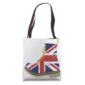 "british" flag union jack combat boot" graphic design tote bag