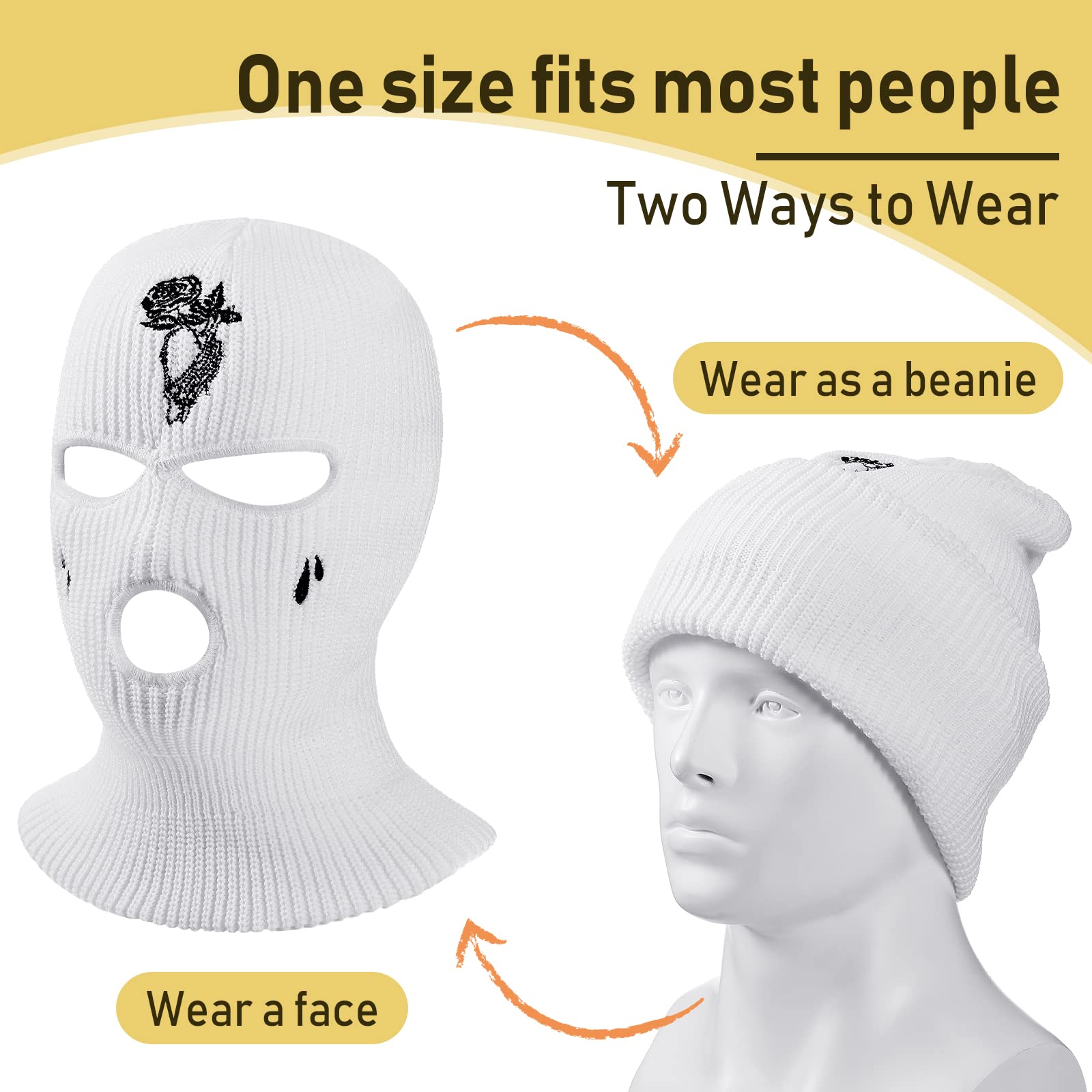 Bencailor 2 Pcs 3-Hole Knitted Full Face Cover Ski Mask Balaclava Knitted Mask Beanie Winter for Outdoor Cycling Ski Sports(White, Rose Style)