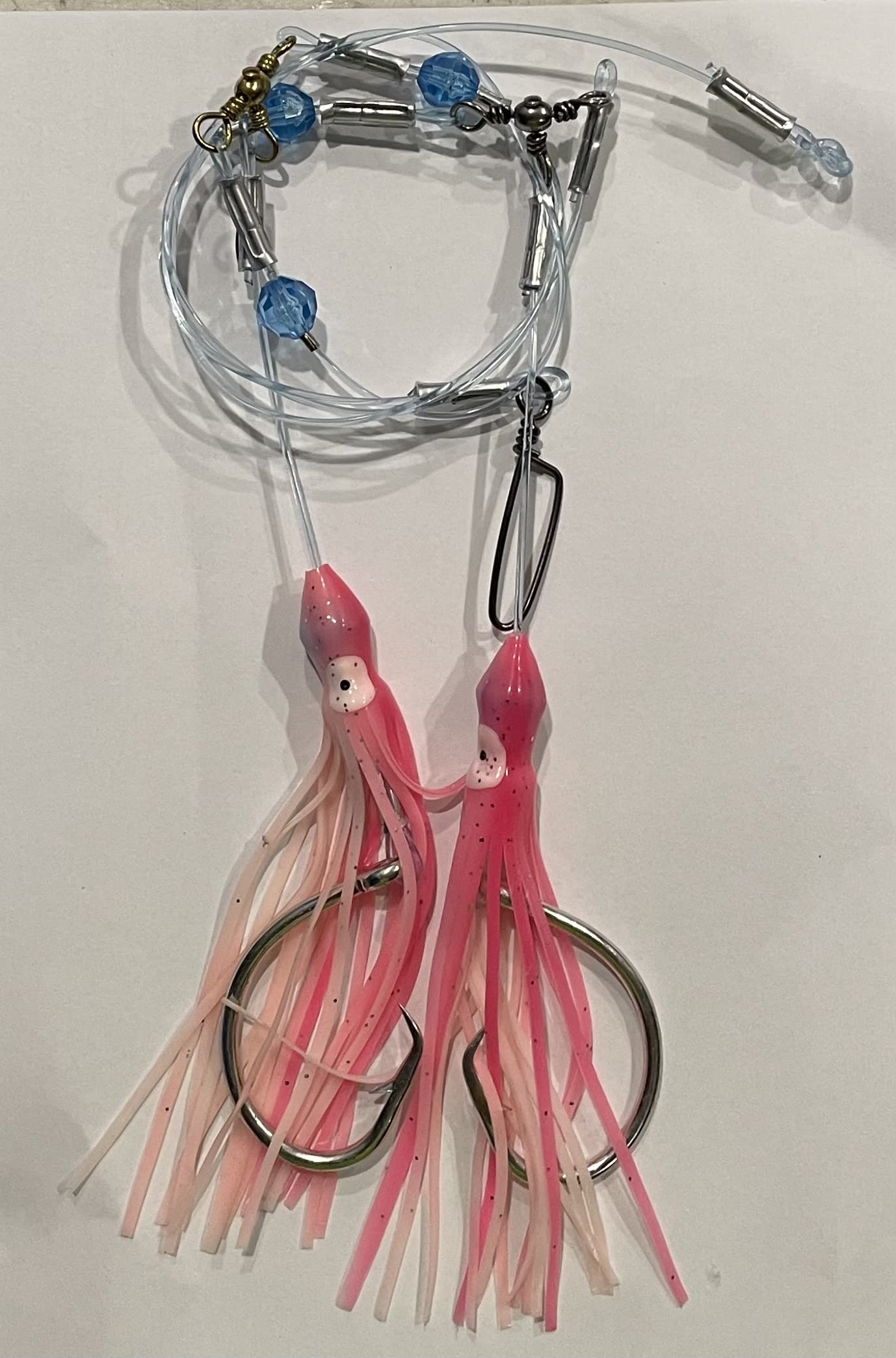 Deep Drop Bait Rig (with Skirts) (Pink and White, Two 9/0 Circle Hooks)