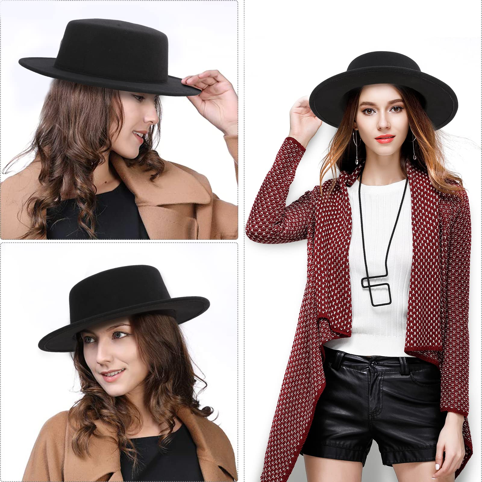 YEAJOIN Fashion Classic Black Fedora Flat Hat, Wide Brim Jazz Hats Church Derby Cap for Women and Men