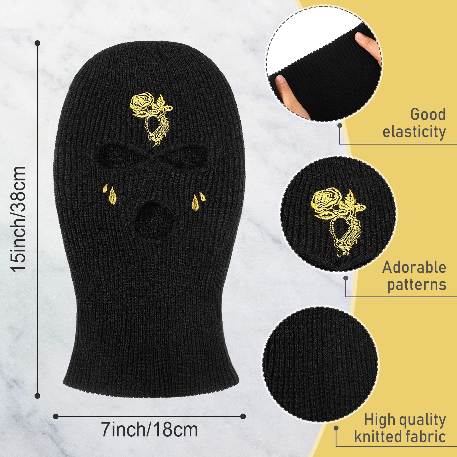 Bencailor 2 Pcs 3-Hole Knitted Full Face Cover Ski Mask Balaclava Knitted Mask Beanie Winter for Outdoor Cycling Ski Sports(Black, Rose Style)