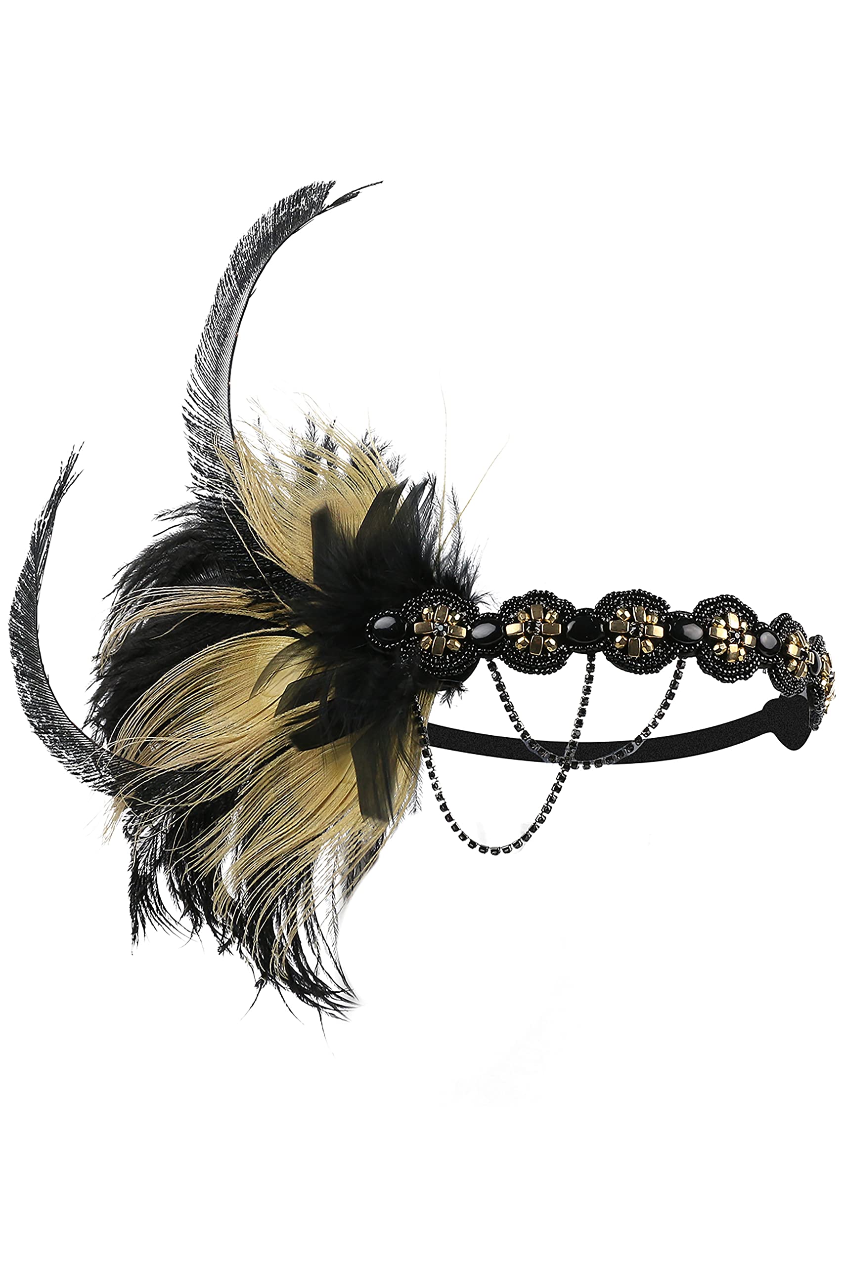 BABEYOND 1920s Sequined Showgirl Headpiece Feather Headband Flapper Gatsby Hair Accessories (Black Gold)