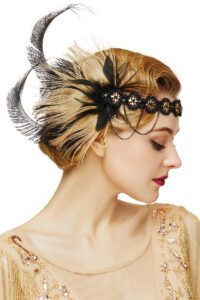 babeyond 1920s sequined showgirl headpiece feather headband flapper gatsby hair accessories (black gold)