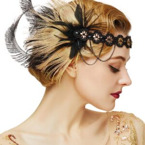 BABEYOND 1920s Sequined Showgirl Headpiece Feather Headband Flapper Gatsby Hair Accessories (Black Gold)