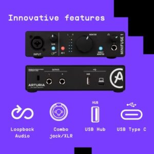 Arturia MiniFuse 1 - Compact USB Audio Interface with Creative Software for Recording, Production, Podcasting, Guitar - Black