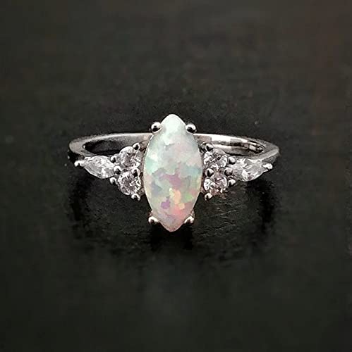 Genuine Marquise Ethiopian Opal Ring-Opal Cubic Zirconia Ring-October Birthstone Ring-925 Sterling Silver Engagement Ring-Opal Wedding Ring (12.5)