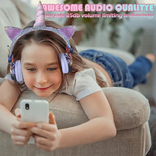 Unicorn Wireless Headphones for Kids,Cat Ear Bluetooth 5.0 Over Ear Headphones with Microphone for Cellphone/iPad/Laptop/PC/TV/PS4/Xbox One, Foldable Gaming Headset for Girls Teens Gift (Blue) …