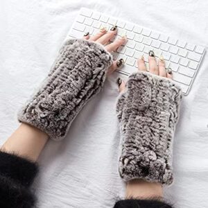 Lupidyyxun Real Rabbit Fur Gloves for Women Winter Furry Gloves Mittens Gloves Knitted Fingerless Gloves (Black)