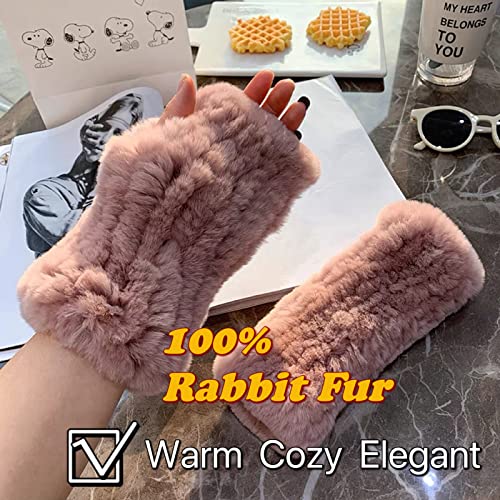 Lupidyyxun Real Rabbit Fur Gloves for Women Winter Furry Gloves Mittens Gloves Knitted Fingerless Gloves (Black)