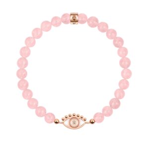 karma and luck - emotional healing - women's real rose quartz 18k rose gold plated embedded gorgeous diamond chip evil eye charm bracelet handmade in bali for her