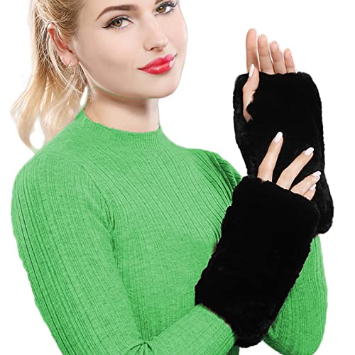 Lupidyyxun Real Rabbit Fur Gloves for Women Winter Furry Gloves Mittens Gloves Knitted Fingerless Gloves (Black)