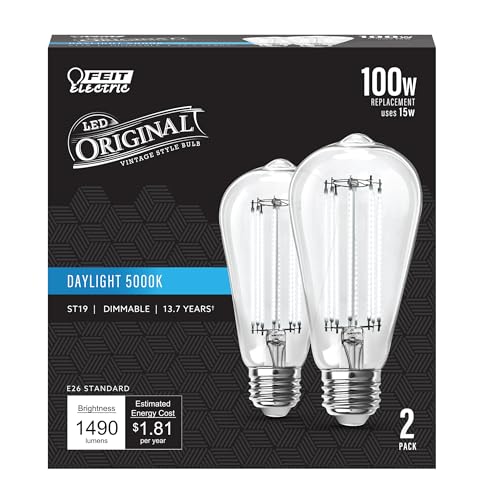 Feit Electric ST19 Vintage Edison LED Light Bulb, 100W Equivalent, Dimmable, 5000K Daylight, 1490 Lumens, E26 Base, Retro Filament Light Bulbs, 15,000-Hour Lifetime, ST19100CL/950CA/2, 2 Pack