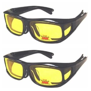 "The Night Driver" 2 Pair Polarized Yellow Anti Glare Driving Lens Fit Over Sunglasses (Black Black)