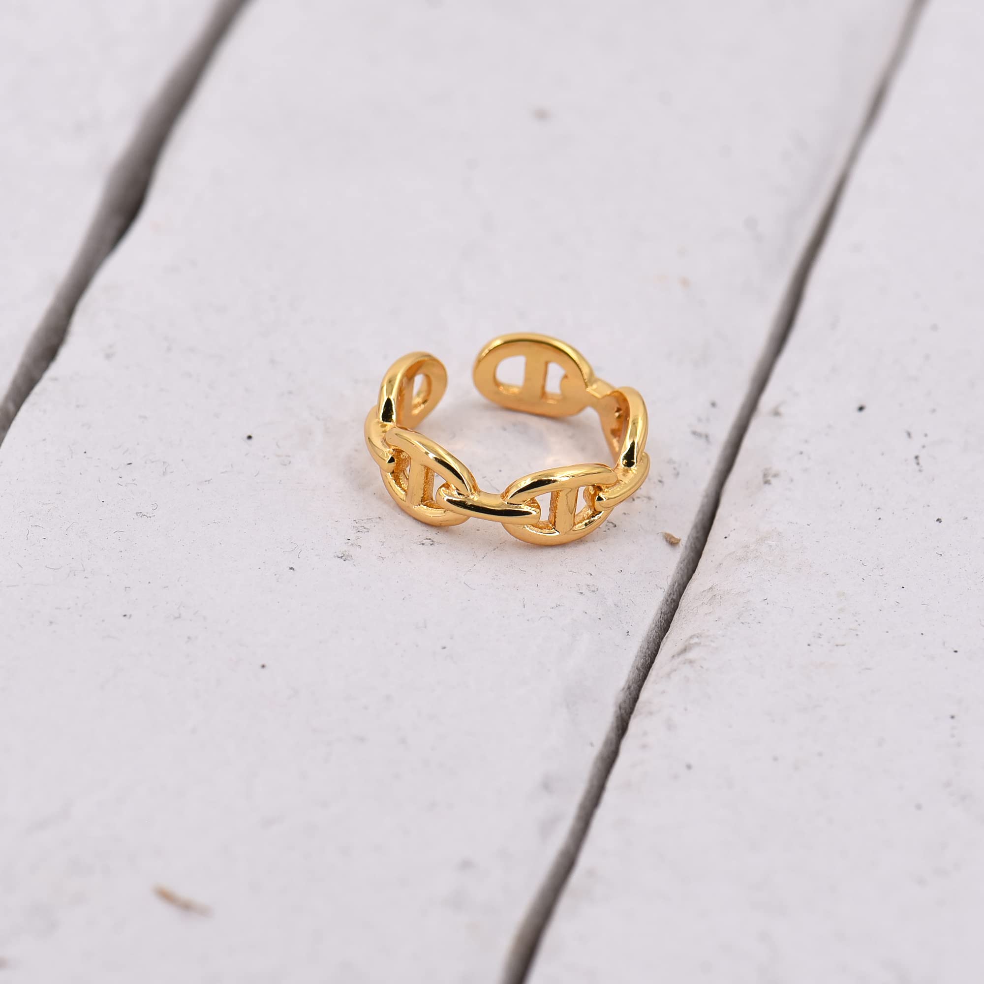 LEMON GRASS 18K Gold Plated Mariner Link Chain Ring | Puffed Chain Ring | Womens Bold Stackable DNA Ring