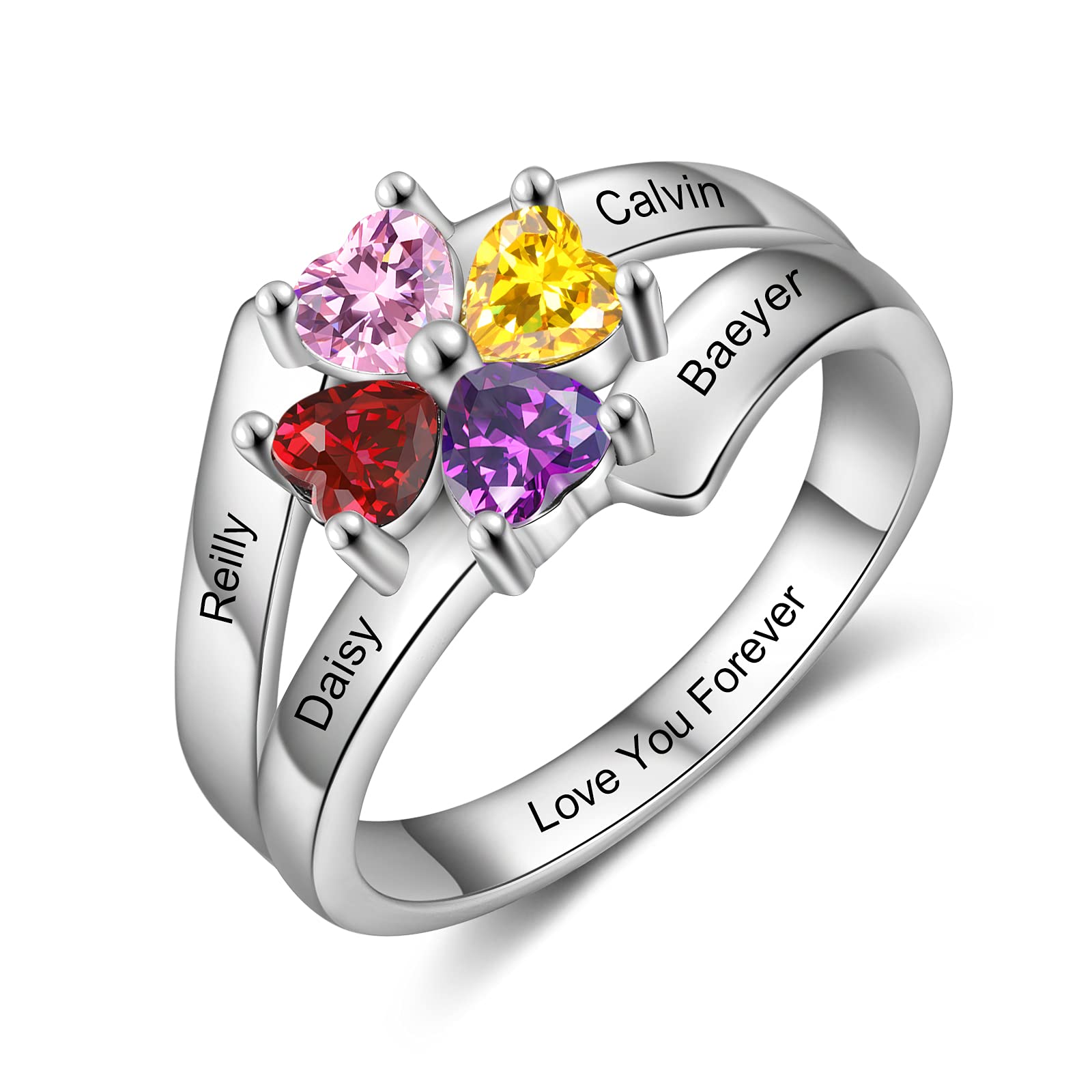 Zomodia Personalized Mothers Ring 4 Simulated Birthstones Ring Engraved 4 Names Anniversary Promise Ring for Her Family Jewelry Gift for Grandma (8)