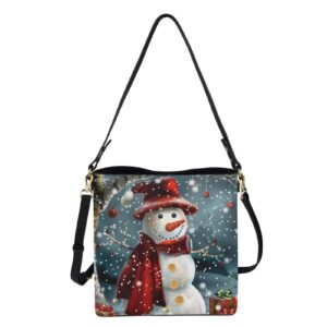 HUGS IDEA Women Handbags PU Leather Big Capacity Tote Handbag Christmas Snowman Pattern Hobo Crossbody Bucket Purse