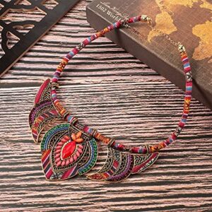 Junkin 2 Pieces African Jewelry for Women Costume Necklace Boho Vintage Statement Choker Chunky Big Beads Necklaces Bohemian Colorful Ethnic Collar Handmade Women's Jewelry (Elegant Style)