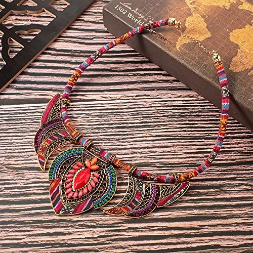 Junkin 2 Pieces African Jewelry for Women Costume Necklace Boho Vintage Statement Choker Chunky Big Beads Necklaces Bohemian Colorful Ethnic Collar Handmade Women's Jewelry (Elegant Style)