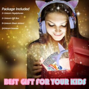 Unicorn Wireless Headphones for Kids,Cat Ear Bluetooth 5.0 Over Ear Headphones with Microphone for Cellphone/iPad/Laptop/PC/TV/PS4/Xbox One, Foldable Gaming Headset for Girls Teens Gift (Blue) …