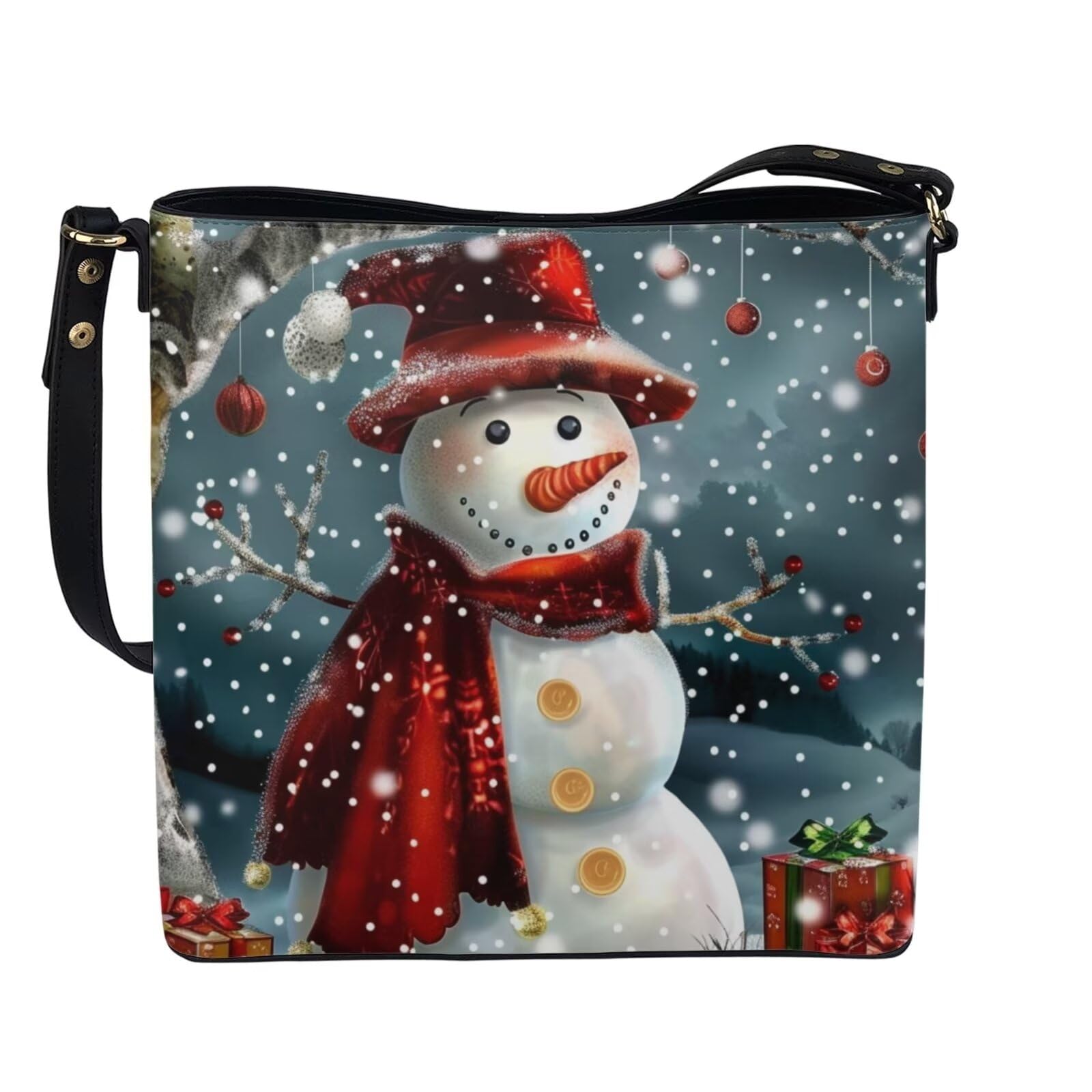 HUGS IDEA Women Handbags PU Leather Big Capacity Tote Handbag Christmas Snowman Pattern Hobo Crossbody Bucket Purse