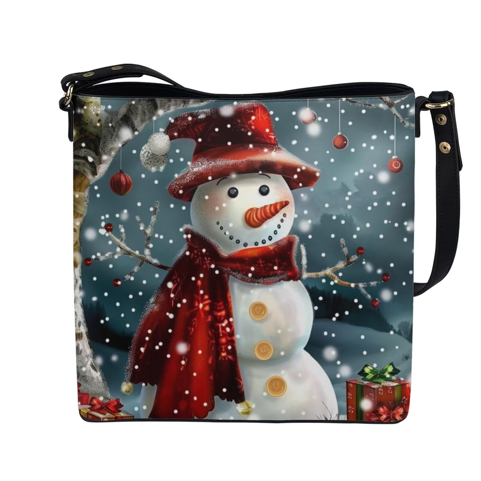 HUGS IDEA Women Handbags PU Leather Big Capacity Tote Handbag Christmas Snowman Pattern Hobo Crossbody Bucket Purse