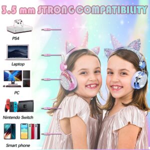 Unicorn Wireless Headphones for Kids,Cat Ear Bluetooth 5.0 Over Ear Headphones with Microphone for Cellphone/iPad/Laptop/PC/TV/PS4/Xbox One, Foldable Gaming Headset for Girls Teens Gift (Blue) …