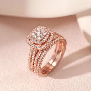 SHELOVES Womens Double Halo Rose Gold Wedding Engagement Ring Set 925 Sterling Silver Cubic Zirconia Sz 7