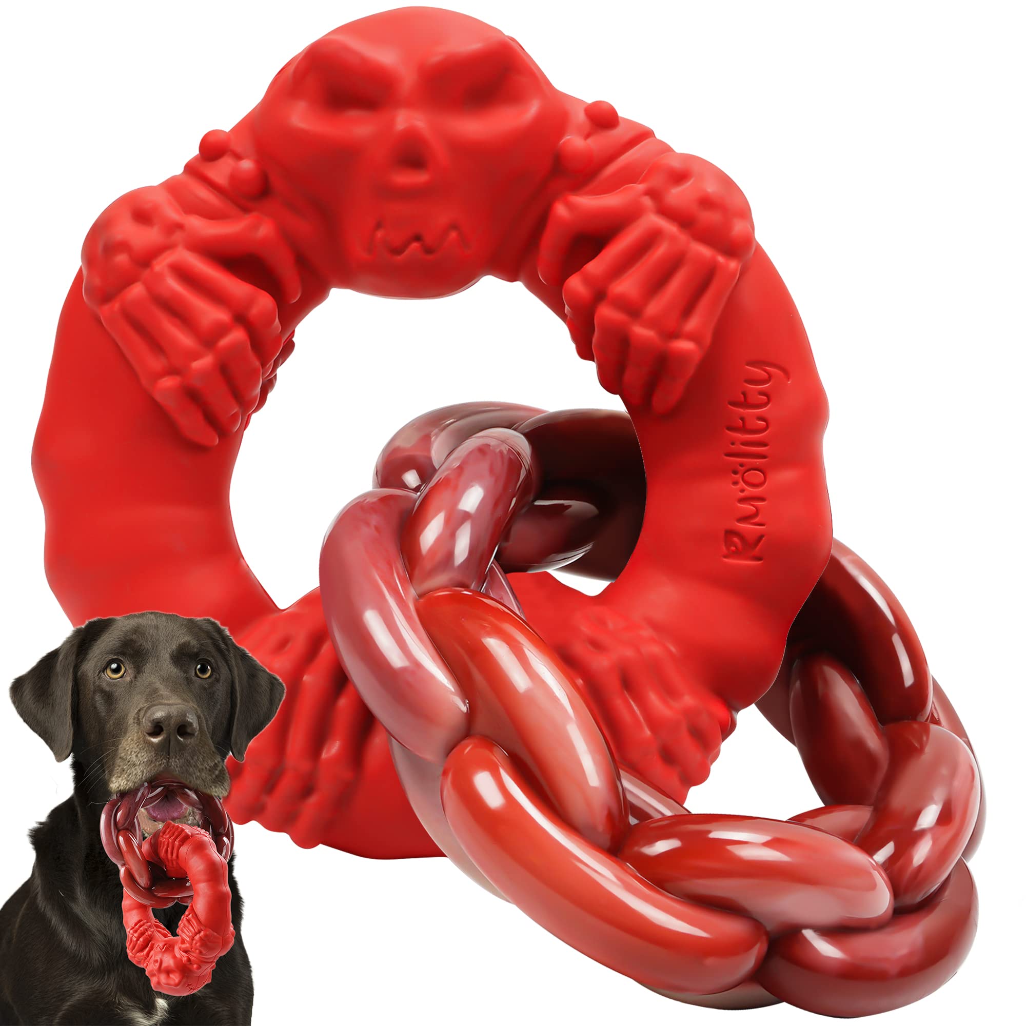 Rmolitty Dog Toys for Aggressive Chewers Large Medium Breed Dogs, Indestructible Interactive Tough Non-Toxic Natural Rubber & Nylon Tough Teething Double-Ring Chew Toys (Ring-Red)