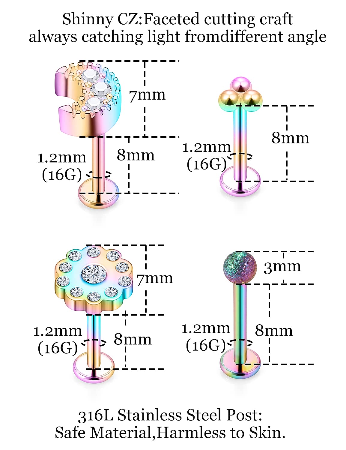 Pnsgisr 16g Cartilage Tragus Forward Helix Conch Earring Piercing Jewelry Lip Rings Medusa Labret Monroe for Women 16 Gauge Surgical Steel Flat Back Cartlidge Snake Bite Snakebite Philtrum Ashley Stud