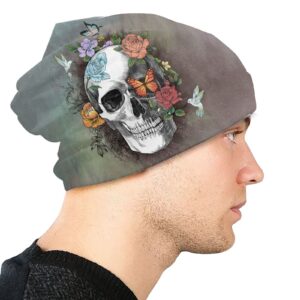 Flower Sugar Skull Beanie Hat Adult Skull Cap Warm Slouchy Knit Hat Headwear Gift for Men Women