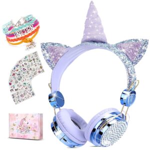 unicorn wireless headphones for kids,cat ear bluetooth 5.0 over ear headphones with microphone for cellphone/ipad/laptop/pc/tv/ps4/xbox one, foldable gaming headset for girls teens gift (blue) …