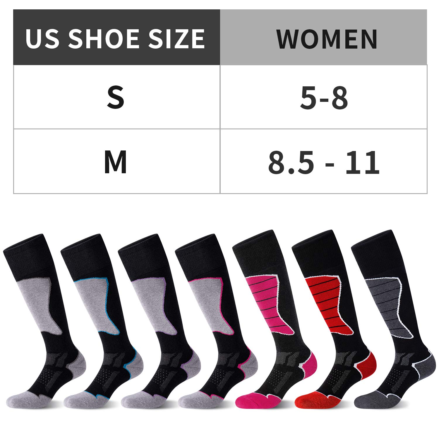 CelerSport 3 Pack Women's Ski Socks for Skiing, Snowboarding, Cold Weather, Winter Performance Socks, Black+Dark Grey, Black+Rose Red, Black+Grey, Small