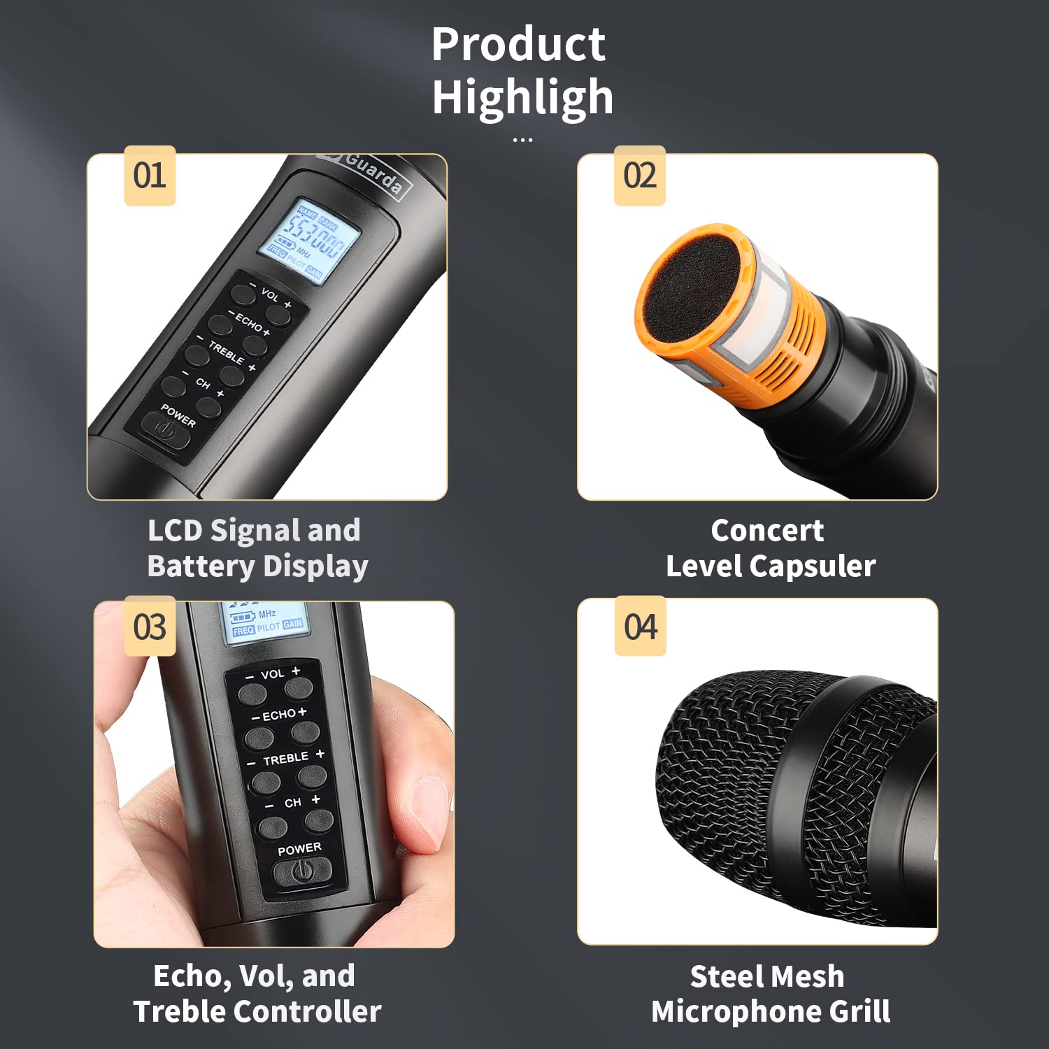 GD Guarda Wireless Microphone, US-88 Pro, MIC with Echo, Treble & Volume Control, UHF Handheld Dynamic Microphone with Rechargeable Receiver for Singing Karaoke Speech