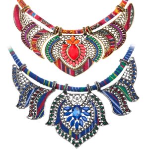 Junkin 2 Pieces African Jewelry for Women Costume Necklace Boho Vintage Statement Choker Chunky Big Beads Necklaces Bohemian Colorful Ethnic Collar Handmade Women's Jewelry (Elegant Style)