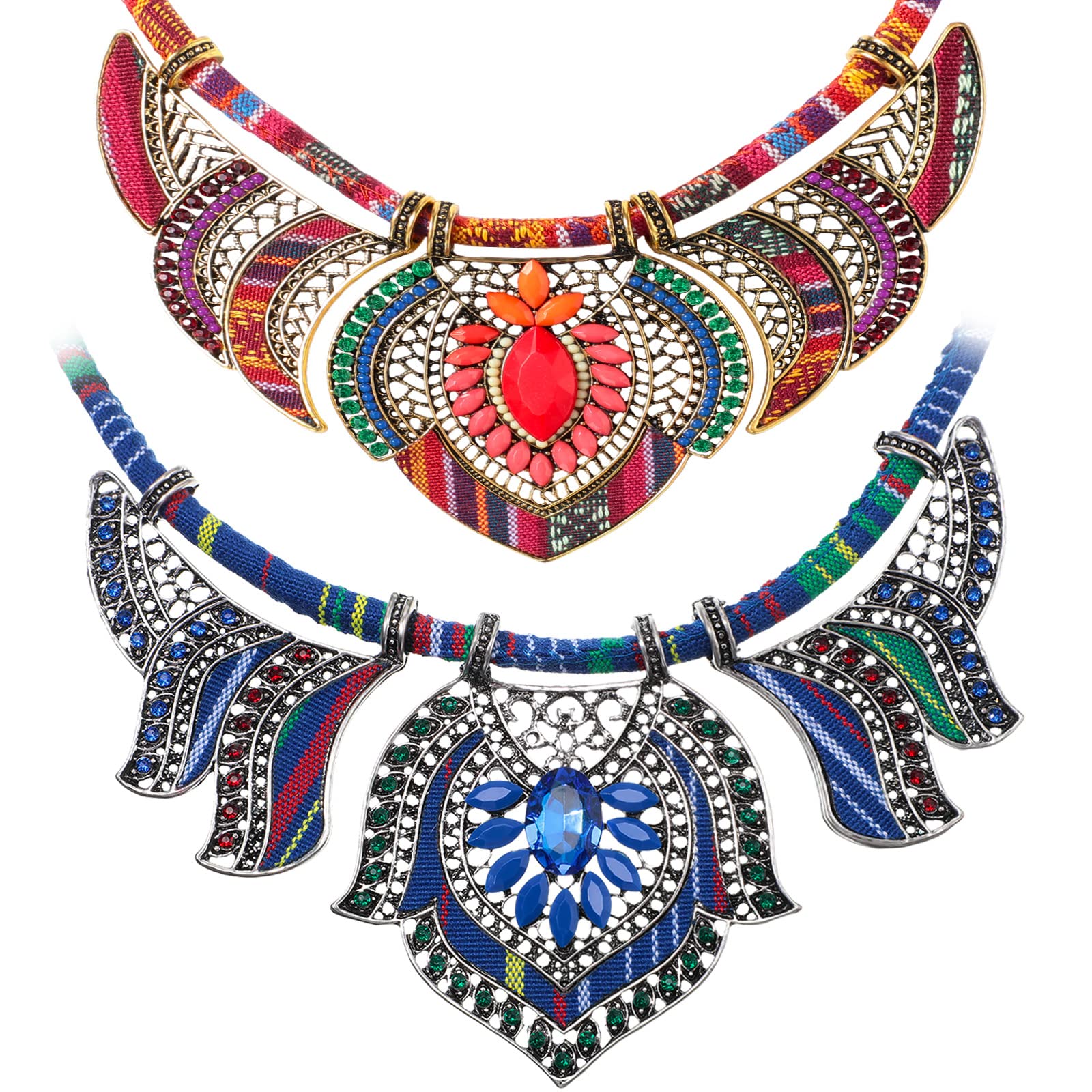 Junkin 2 Pieces African Jewelry for Women Costume Necklace Boho Vintage Statement Choker Chunky Big Beads Necklaces Bohemian Colorful Ethnic Collar Handmade Women's Jewelry (Elegant Style)