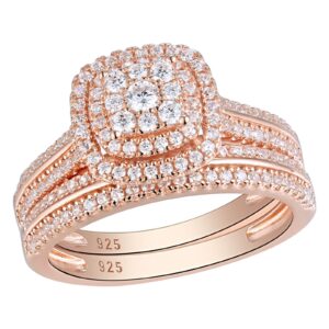 SHELOVES Womens Double Halo Rose Gold Wedding Engagement Ring Set 925 Sterling Silver Cubic Zirconia Sz 7