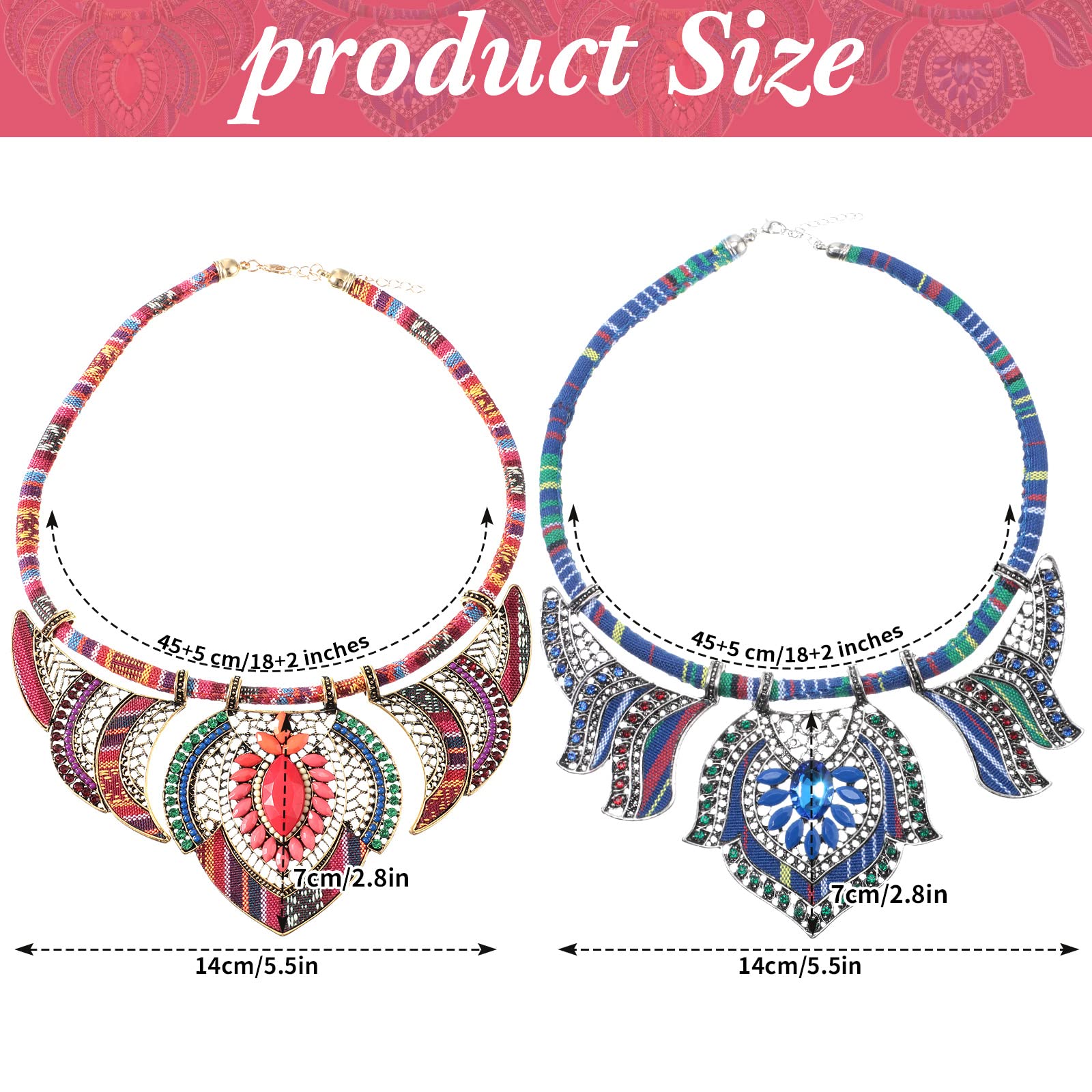 Junkin 2 Pieces African Jewelry for Women Costume Necklace Boho Vintage Statement Choker Chunky Big Beads Necklaces Bohemian Colorful Ethnic Collar Handmade Women's Jewelry (Elegant Style)