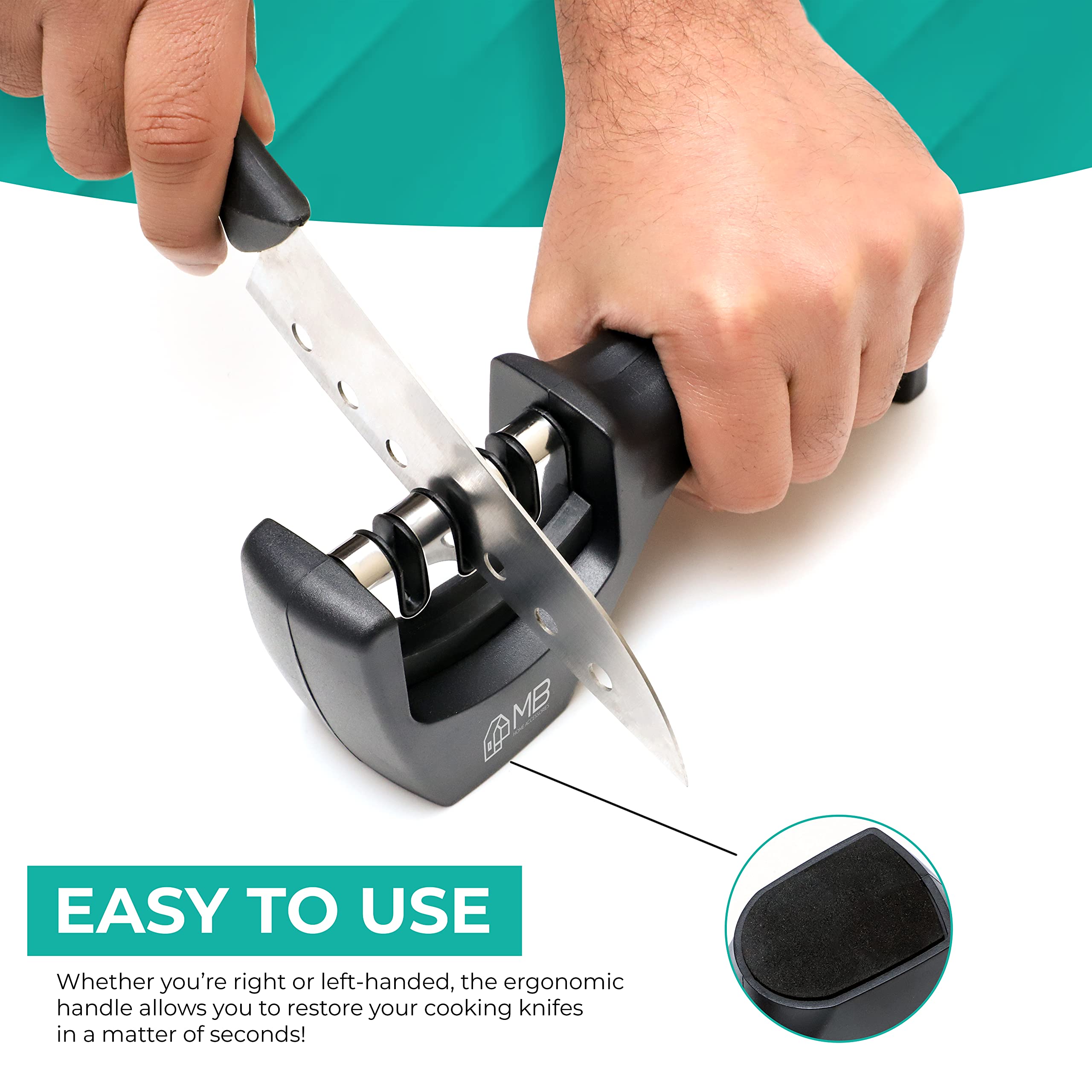 MB Kitchen Knife Accessories: 3-Stage Knife Sharpener Helps Repair, Restore, Polish Blades (Black)