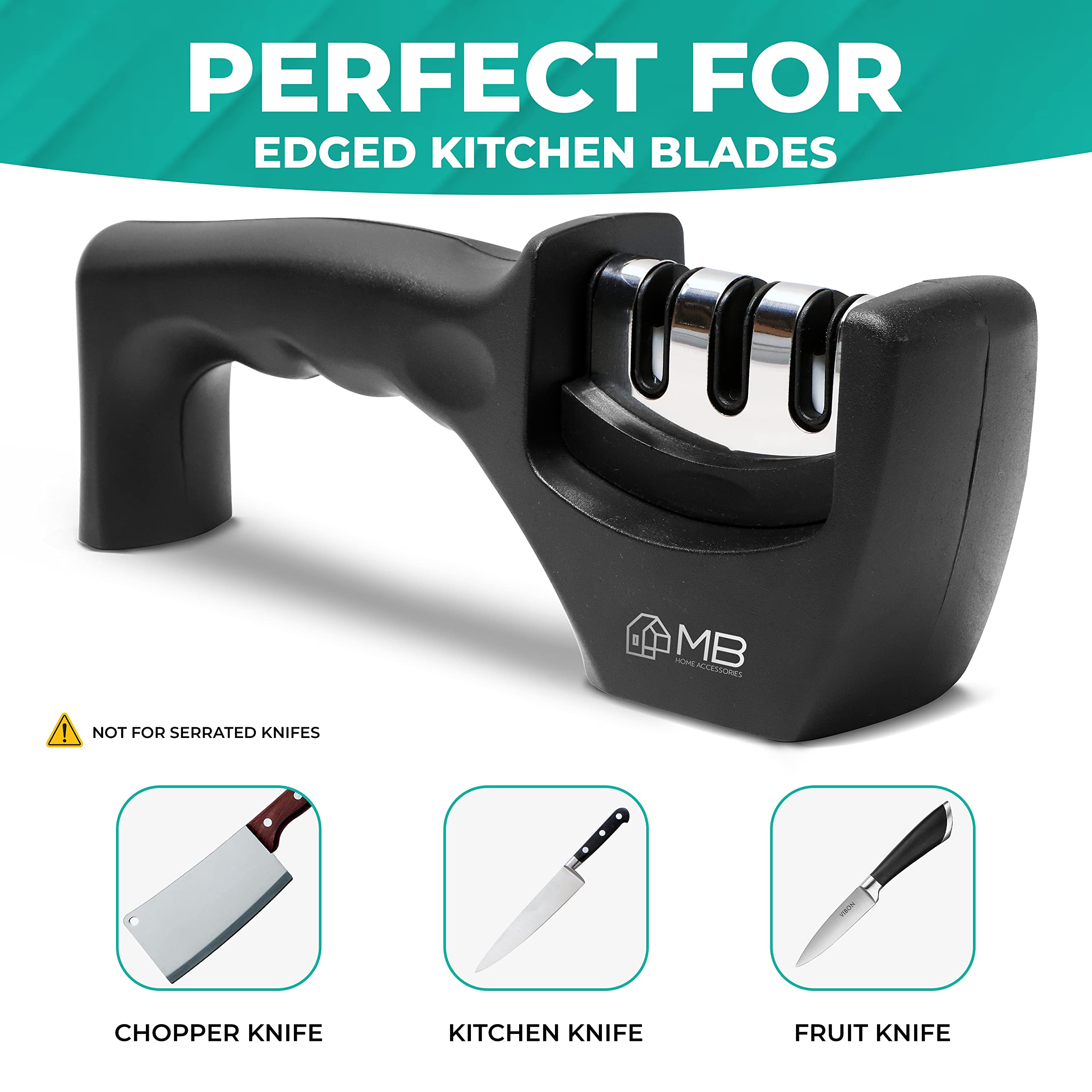 MB Kitchen Knife Accessories: 3-Stage Knife Sharpener Helps Repair, Restore, Polish Blades (Black)