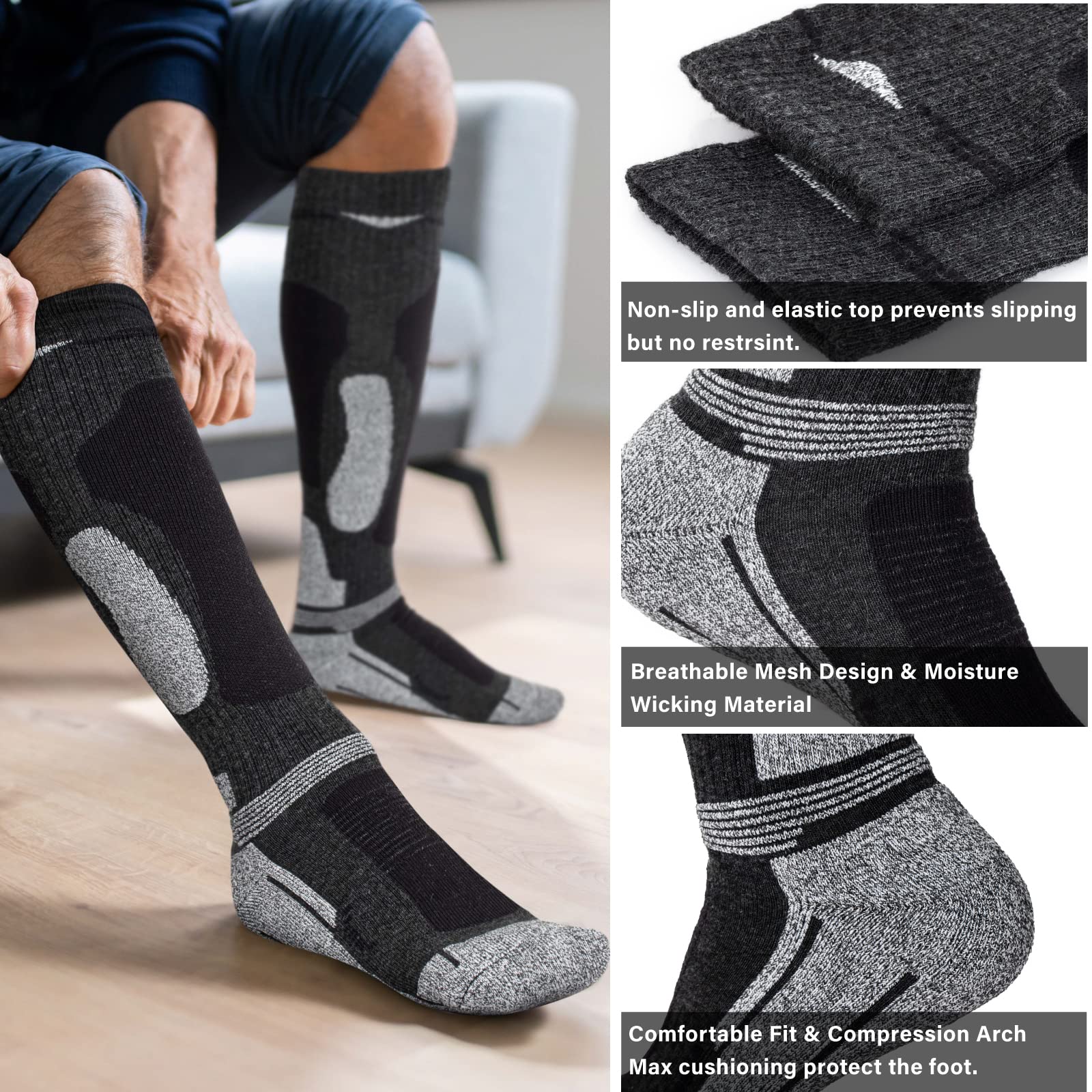 Merino Wool Ski Socks for Mens Womens Knee High Thermal Snowboarding Socks for Cold Weather