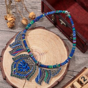 Junkin 2 Pieces African Jewelry for Women Costume Necklace Boho Vintage Statement Choker Chunky Big Beads Necklaces Bohemian Colorful Ethnic Collar Handmade Women's Jewelry (Elegant Style)