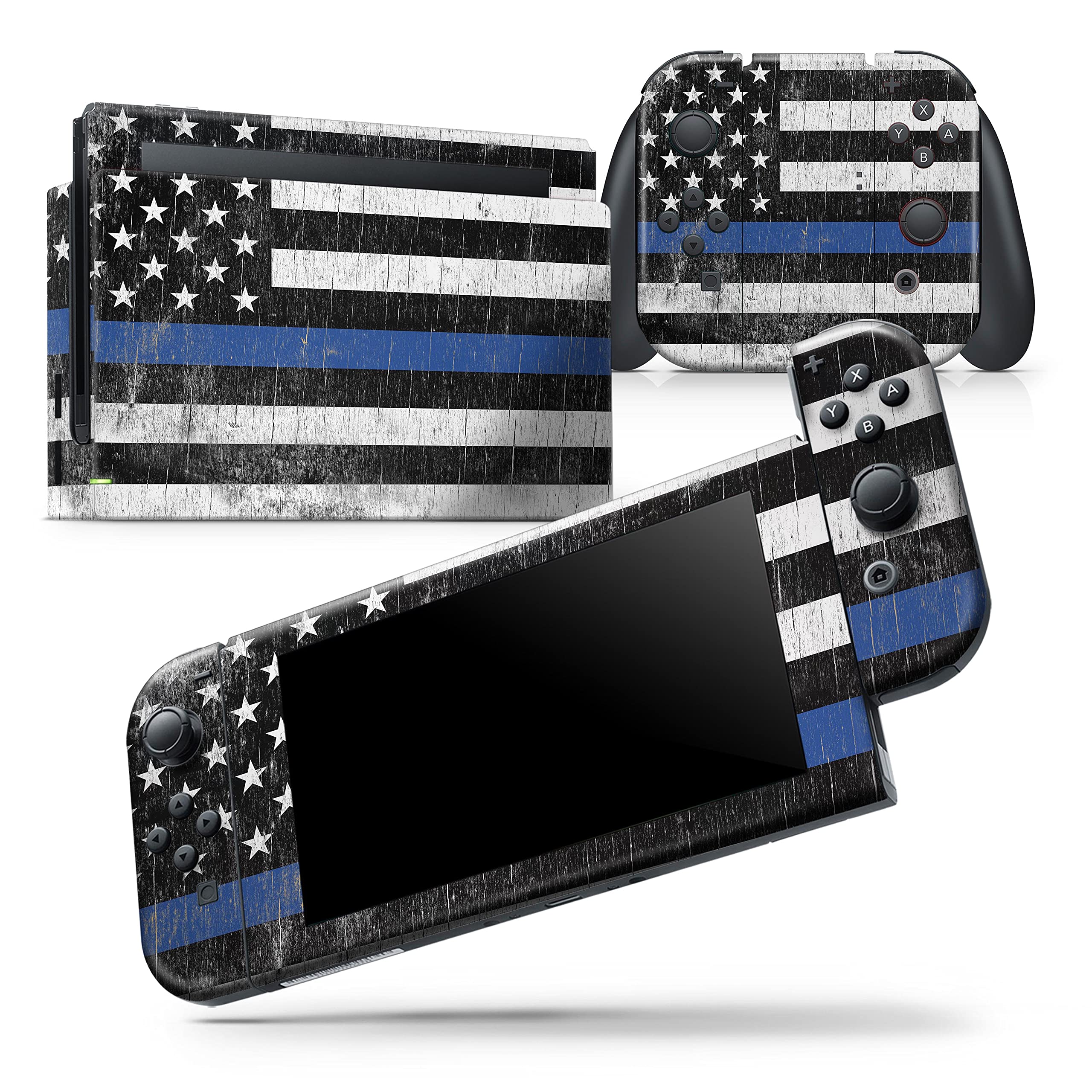 Design Skinz - Compatible with Nintendo Switch Console + Joy-Con - Skin Decal Protective Scratch-Resistant Removable Vinyl Wrap Cover - Distressed Wood Patriotic American Flag with Thin Blue Line