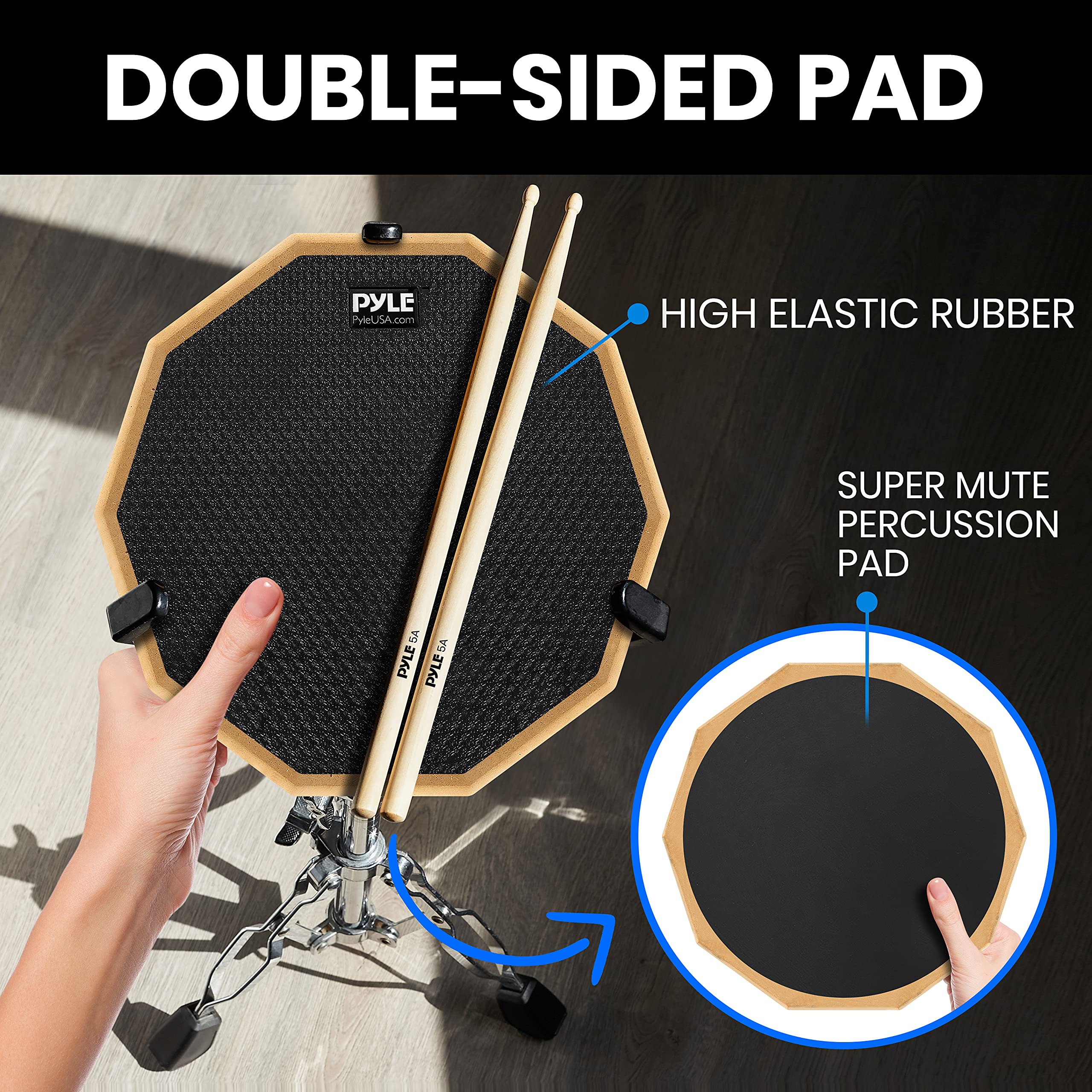 Pyle 12” Practice Pad Set with Snare Stand-Double Sided Rubber Silent Dumb Drumpad with Drumming Accessories, Adjustable Rack Mount, Pair of 5A Drumsticks, Travel Bag, Black (PSDPKIT10.5)