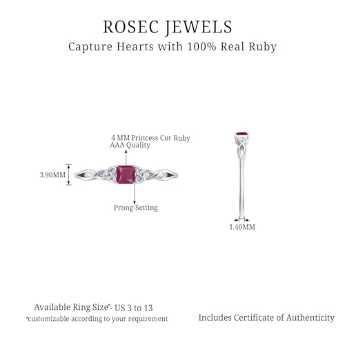 Rosec Jewels Princess Cut Ruby Solitaire Promise Ring for Women - Celtic Knot Ring | Natural and Certified Ruby | AAA Quality, 14K White Gold, Size:US 7.50