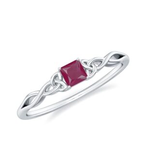 Rosec Jewels Princess Cut Ruby Solitaire Promise Ring for Women - Celtic Knot Ring | Natural and Certified Ruby | AAA Quality, 14K White Gold, Size:US 7.50