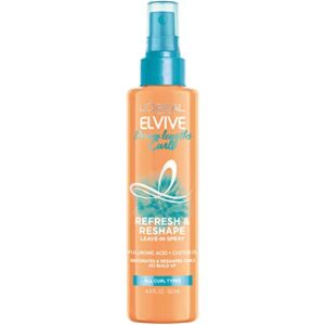 l’oréal paris elvive dream lengths curls refresh and reshape leave-in spray, paraben-free with hyaluronic acid and castor oil. best for wavy hair to coily hair, 4.4 fl oz