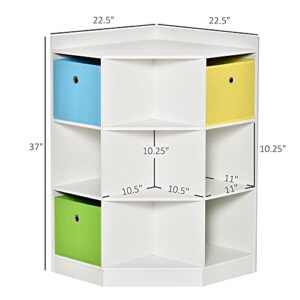 HOMCOM Kids Corner Cabinet, Cubby Toy Storage Organizer, Bookshelf Unit with Three Baskets for Playroom, Bedroom, Living Room, White