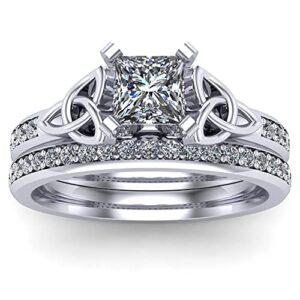 engagement ring for women bridal sets 1-2/5 ct. tw. princess cut moissanite engagement ring set wedding ring set platinum plated silver celtic rings for women anniversary size5.5