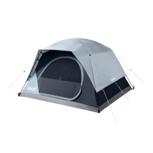 coleman skydome camping tent with led lights, weatherproof 4/8 person family tent includes pre-attached poles, rainfly, carry bag, ventilation and led lighting system, sets up in 5 minutes