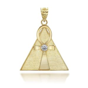 Certified 10K Yellow Gold CZ-Accented Egyptian Ankh Cross Pyramid Pendant